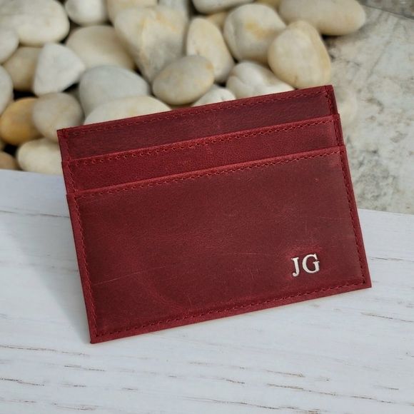 Men's Genuine Crazy Horse Leather Card Case Red - Picture 1 of 6